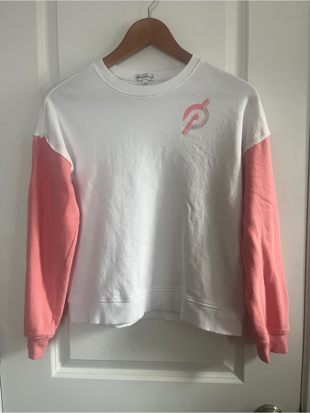 Peloton White Crewneck Sweatshirt with Coral Sleeves